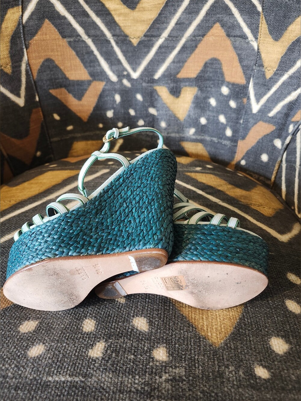 Sale✨ GUCCI Rare Vtg Y2K Teal Raffia Espadrille Platform Wedges 34.5 Near Mint - Picture 6 of 9